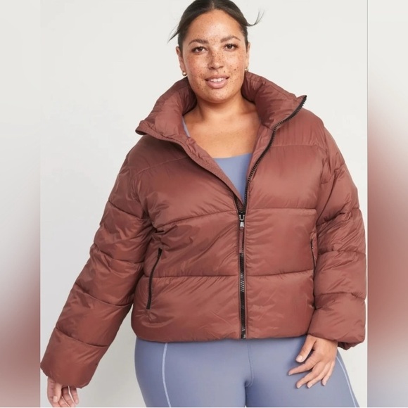 OLD NAVY Jacket Womens XL Brown Puffer Cropped Water Resistant Short Maple Quilt - Picture 2 of 15